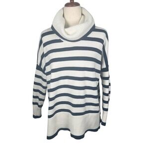 LOFT Striped Cowl Neck Sweater Womens Medium White‎ Navy Cotton Coastal Nautical